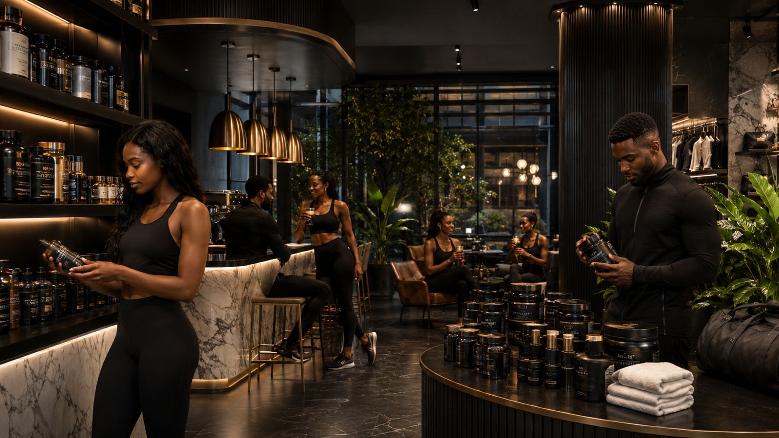 Customers browsing Z2 supplements and skincare inside the boutique lounge