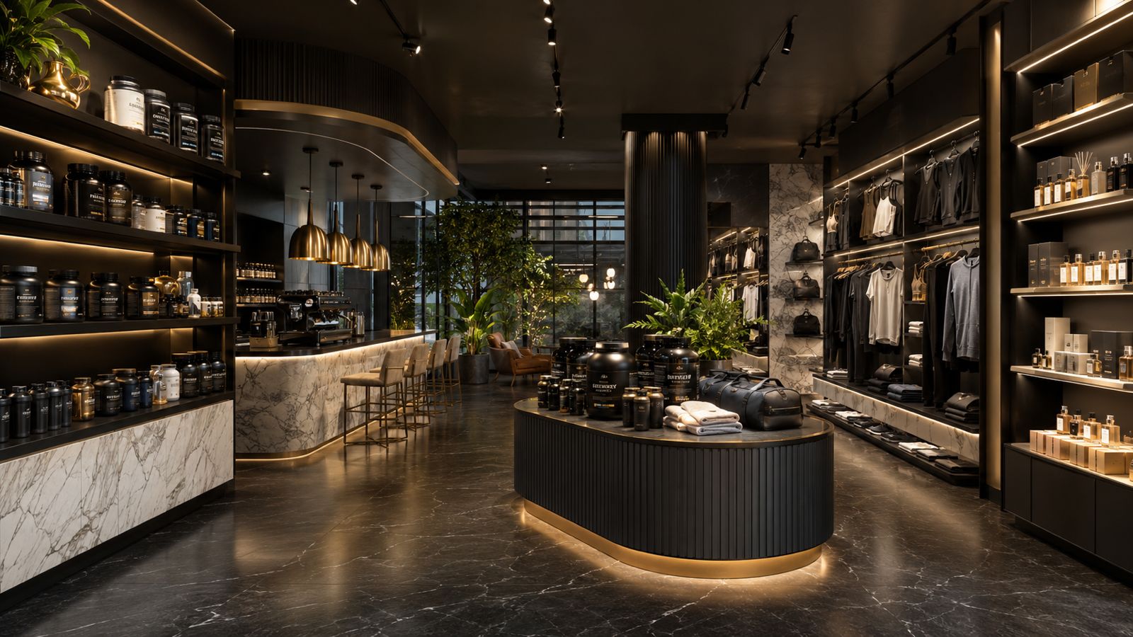 Z2 boutique interior with supplements, apparel, and skincare displays